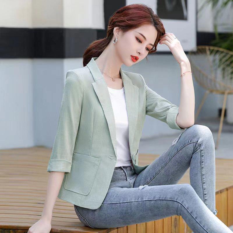 

Весенний новый стиль пиджак с рукавом три четверти для женщин, тонкий пиджак, повседневный на одной пуговице, маленький пиджак для женщин 4XL