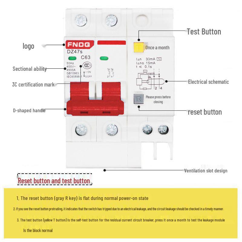 Dual-Pole Residual Current Circuit Breaker with Leakage Protection - 220V Electric Safety Switch