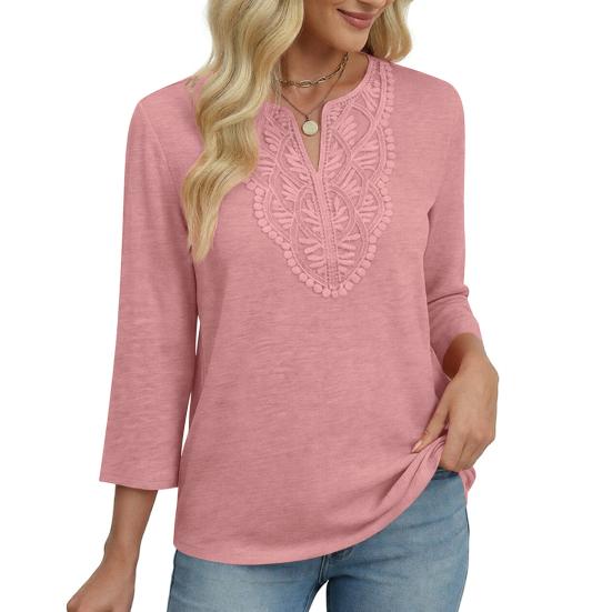 Damen Oberteile Dreiviertelarm V-Ausschnitt T-Shirts mit Hohlstickerei Muster Lockerer Schnitt Freizeitbluse Tägliche Kleidung