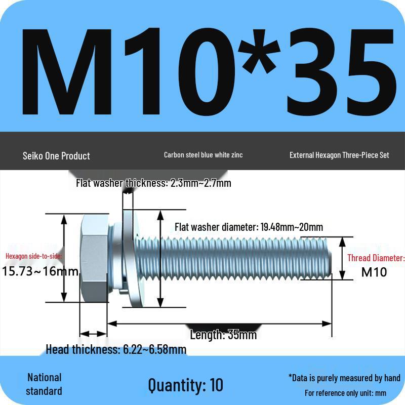 Grade 8.8 Galvanized Hex Bolt Set: Includes Hex Bolt, Spring Washer, Flat Washer (Sizes: M4, M5, M6, M8, M10, M12)