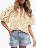 Top Estivo da Donna Moda Casual Manica a Lanterna Scollo a V Bottoni Ricamo Intrecciato in Pizzo Camicia
