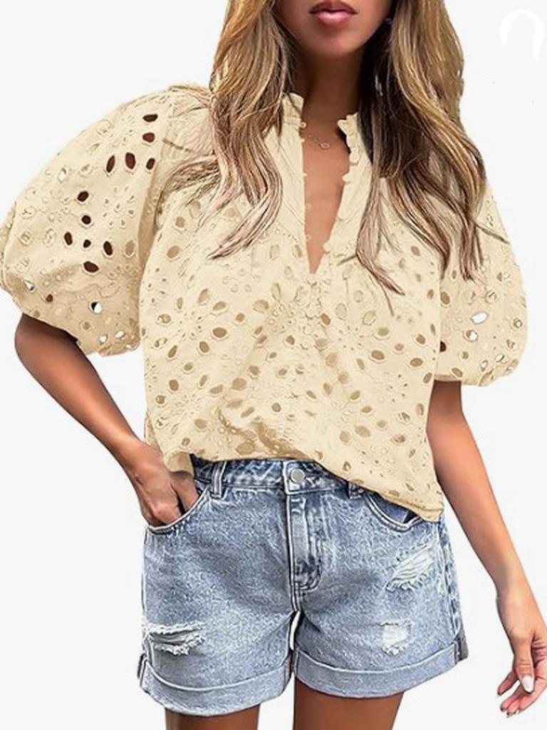 Top Estivo da Donna Moda Casual Manica a Lanterna Scollo a V Bottoni Ricamo Intrecciato in Pizzo Camicia