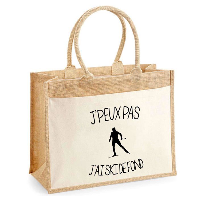 Sac de plage - PLANETEE - Jute avec poche « Ski de Fond J'peux pas » - Coton - Beige multicolore - Imprimé en France