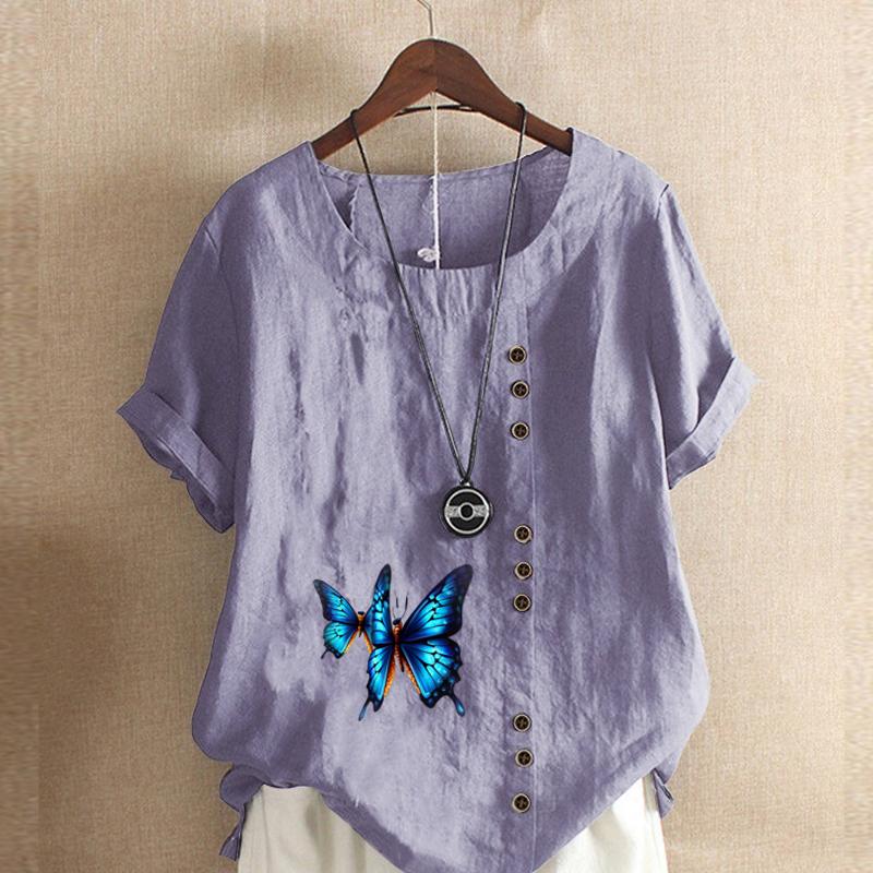 Tricou cu mânecă scurtă cu gât rotund la modă pentru femei, ocazional, din bumbac, cămașă grafică pentru timpul liber Bluză de vară cu printuri fluture