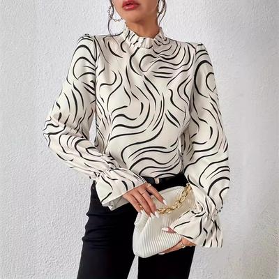 Frühling Herbst Langarm Bedruckt Rüschenkragen Damen Bluse Locker Lässig Büro Einfaches Hemd Damenmode Elegant Frühling Herbst Damenbekleidung