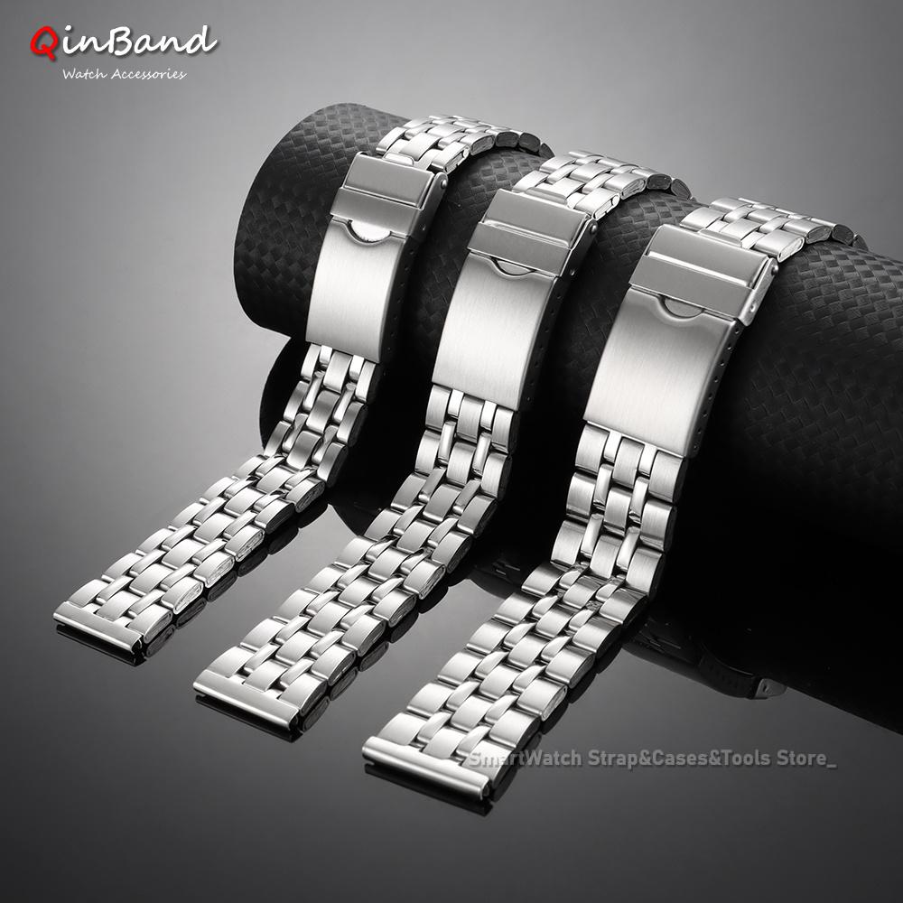 Five Beads Stainless Steel Watch Strap 18mm 20mm 22mm Universal Watch Bracelet Folding Clasp Watchband for Men Women Accessories
