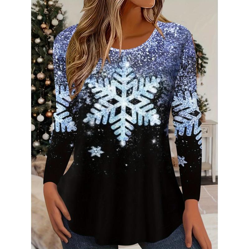 Vánoční téma Sněhová vločka 3D tisk Tričko s dlouhým rukávem do O-výstřih Móda Dámské oblečení Běžné oblečení y2k Harajuku Dámské oblečení