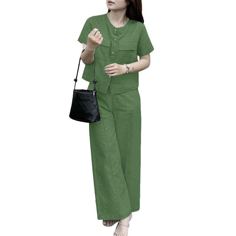 

ZANZEA Женская блузка с коротким рукавом и брюки Летние комплекты-двойки 3XL зелёный