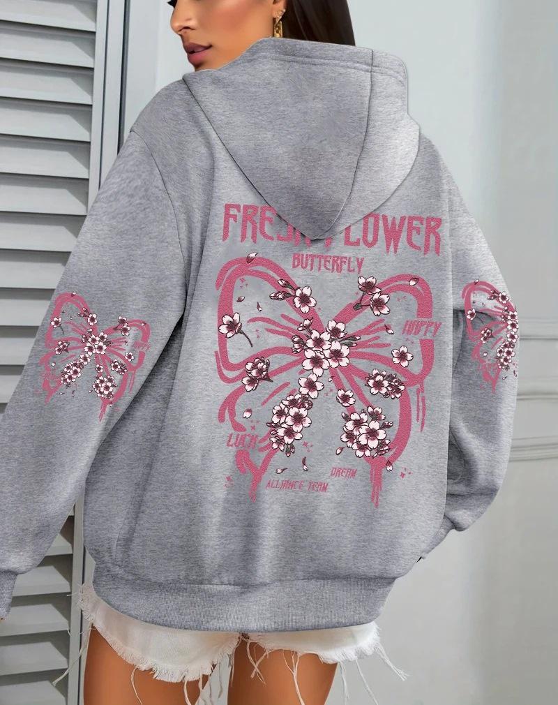 Fresh Butterfly Print Women's Hooded Sweatshirt - Autumn Loose Casual Fleece Pullover with Pockets.