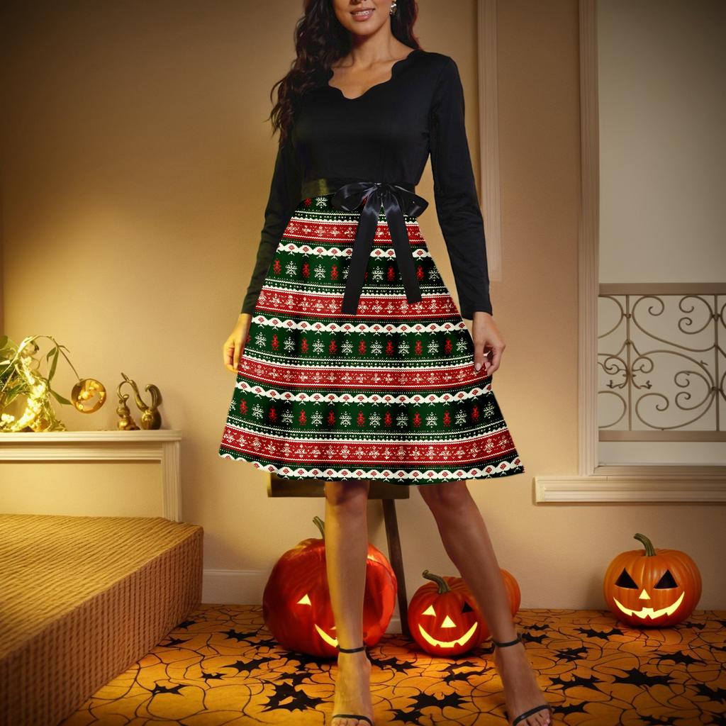 Women's Casual Fashion V-neck Long Sleeved Retro Christmas Print Retro Dress