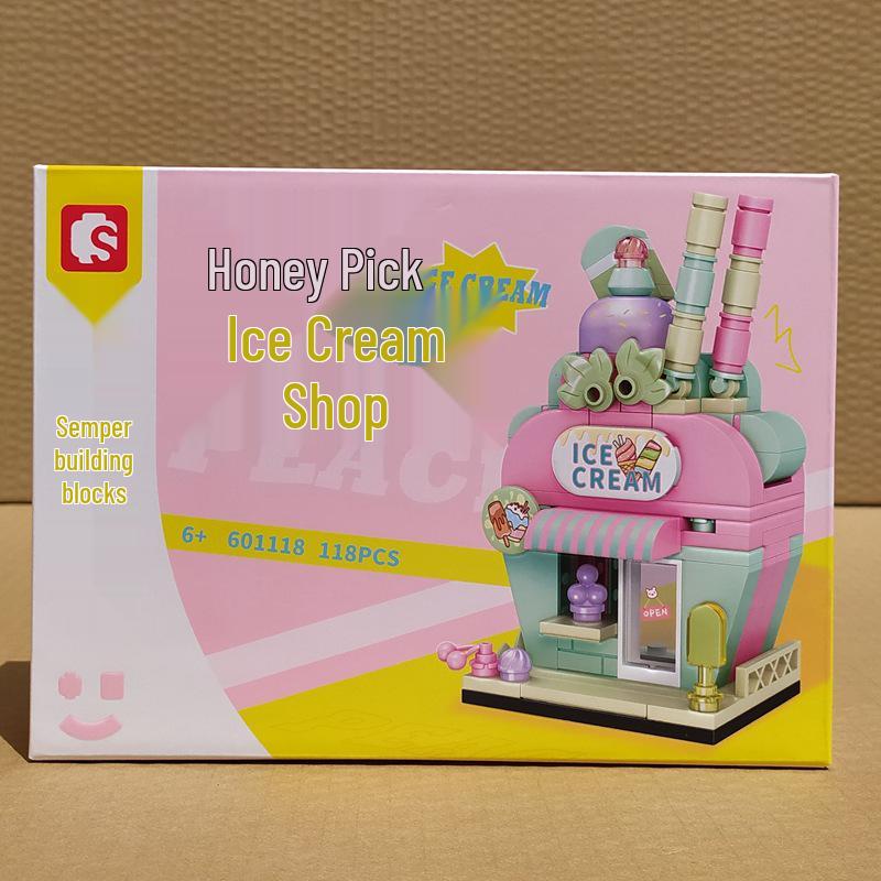 Senbao Mini Street View: Ice Cream Shop & Fast Food Building Blocks Gift for Kids