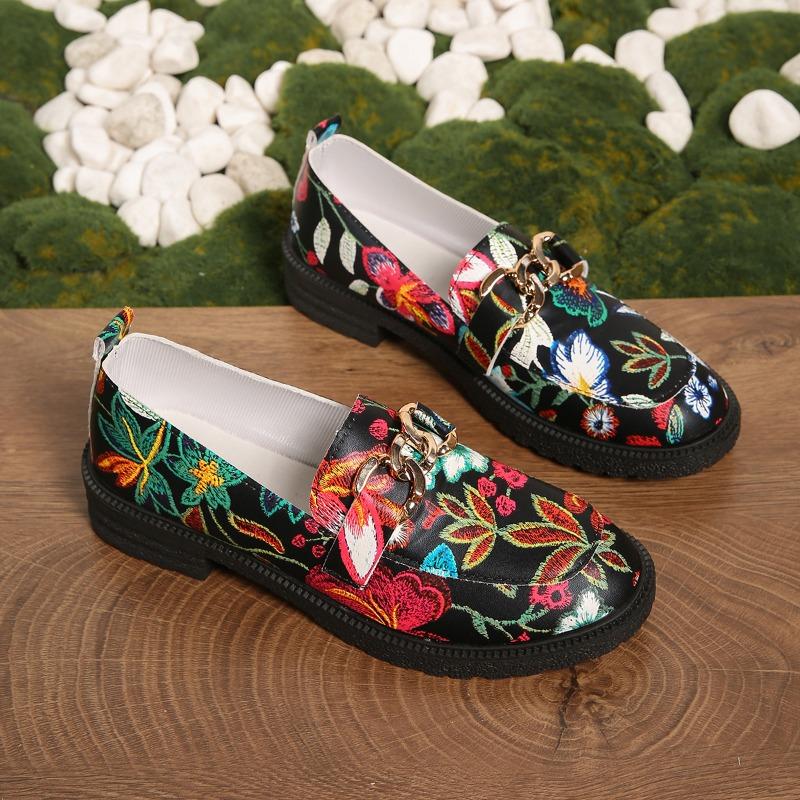 Fashion Block Heel Printed Single Shoes Autumn New Round Toe Deep Mouth Metal Chain Platform Non-slip Wear-resistant Pumps