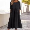 Women's Round Neck 3/4 Sleeve Linen Cotton Loose Midi Dress With Side Pockets Casual Swing Dress