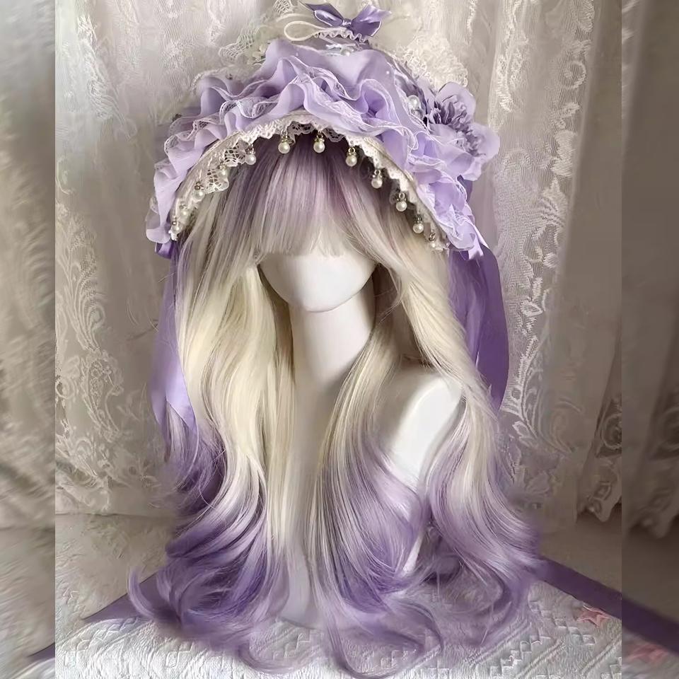 Lange Lockige Synthetische Farbverlaufswelle Lolita Perücke Damenperücke Fluffige Lockige Perücke mit Pony Geeignet für Halloween und Weihnachten