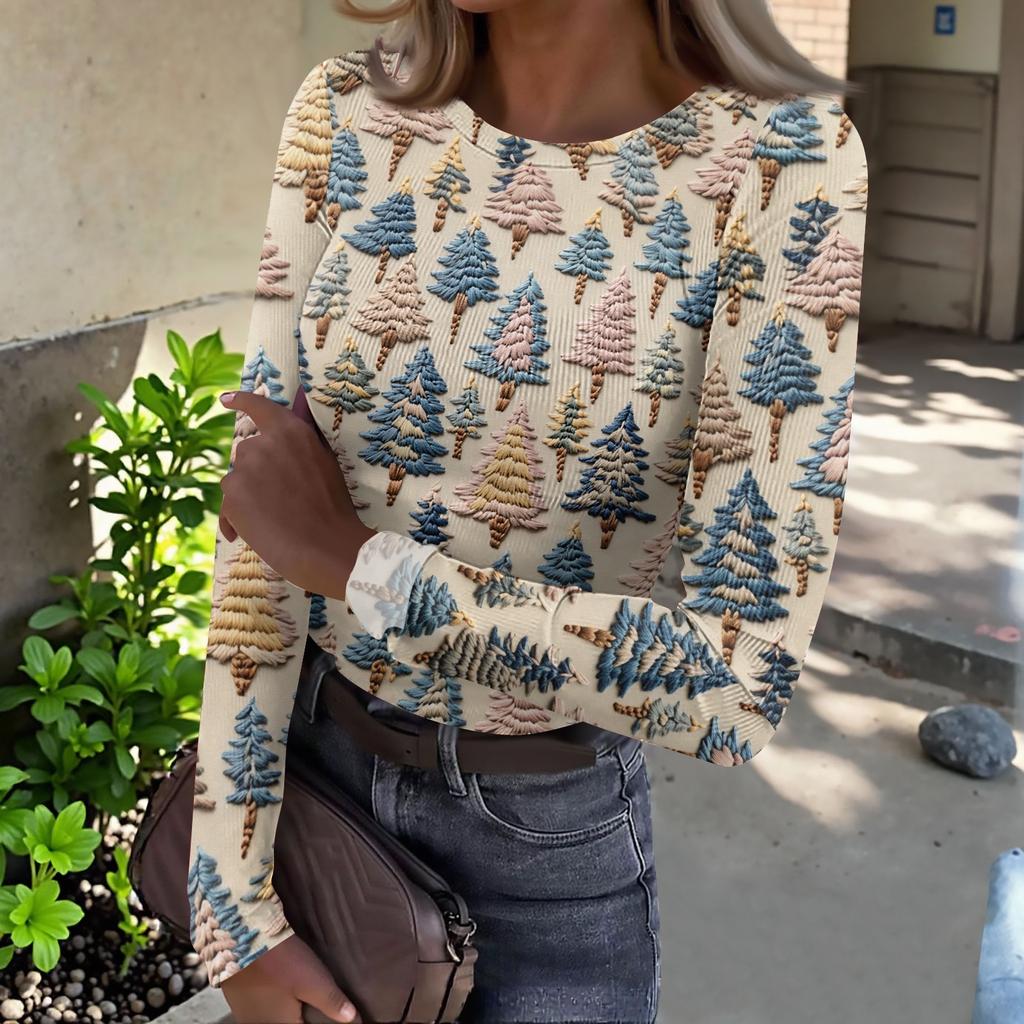Women's Slim Fit Long Sleeve T-Shirt with Christmas Print Neck Pullover Top
