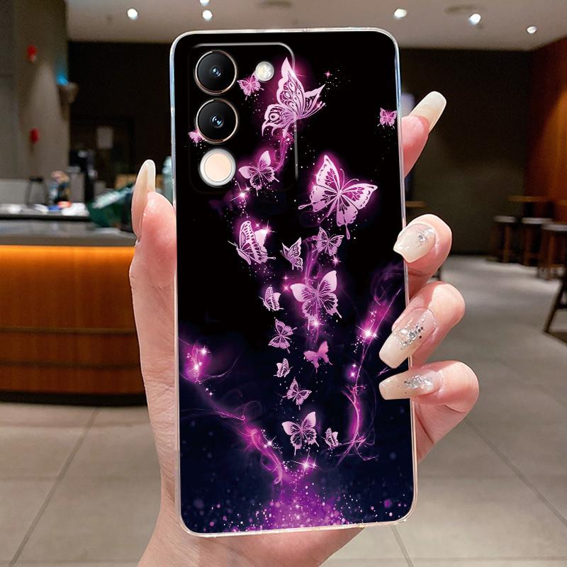 Phone Case For Vivo V29e V27e 5G Slim Soft TPU Cover Clear Silicone Aesthetic Luxury Fashion Butterfly Flowers New Design Case