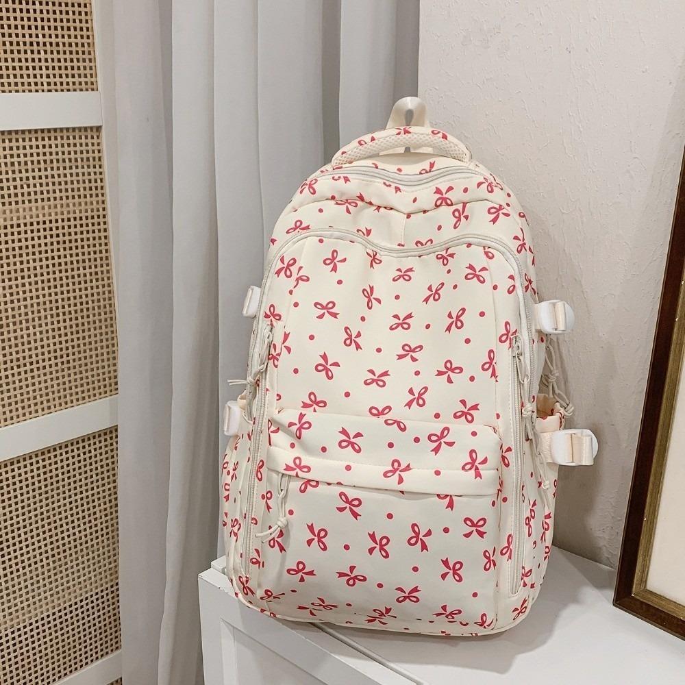 Multi-compartment Bow Pattern School Bag Multi-pocket Rucksack Floral Print Backpack Travel