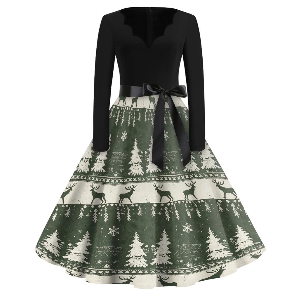 Women's Casual Christmas Print V Neck Vintage Dress for Holiday Party and Everyday Wear