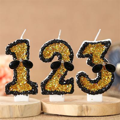 Boy Golden Glasses Number Candle Black Birthday Cake Decoration Candle Sparkles Lighting Candles Decoration Halloween Candles