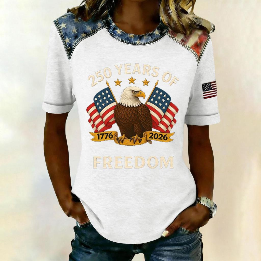 Women's Casual Short Sleeve T Shirt 250 Years of Freedom Patriotic Graphic Tee with Eagle and Flag Print Comfortable Fit