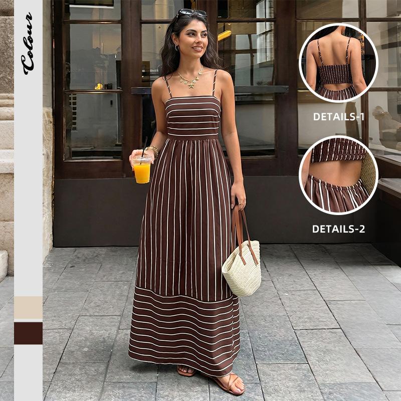 Womens Striped Spaghetti Strap High Waist Maxi Dress S