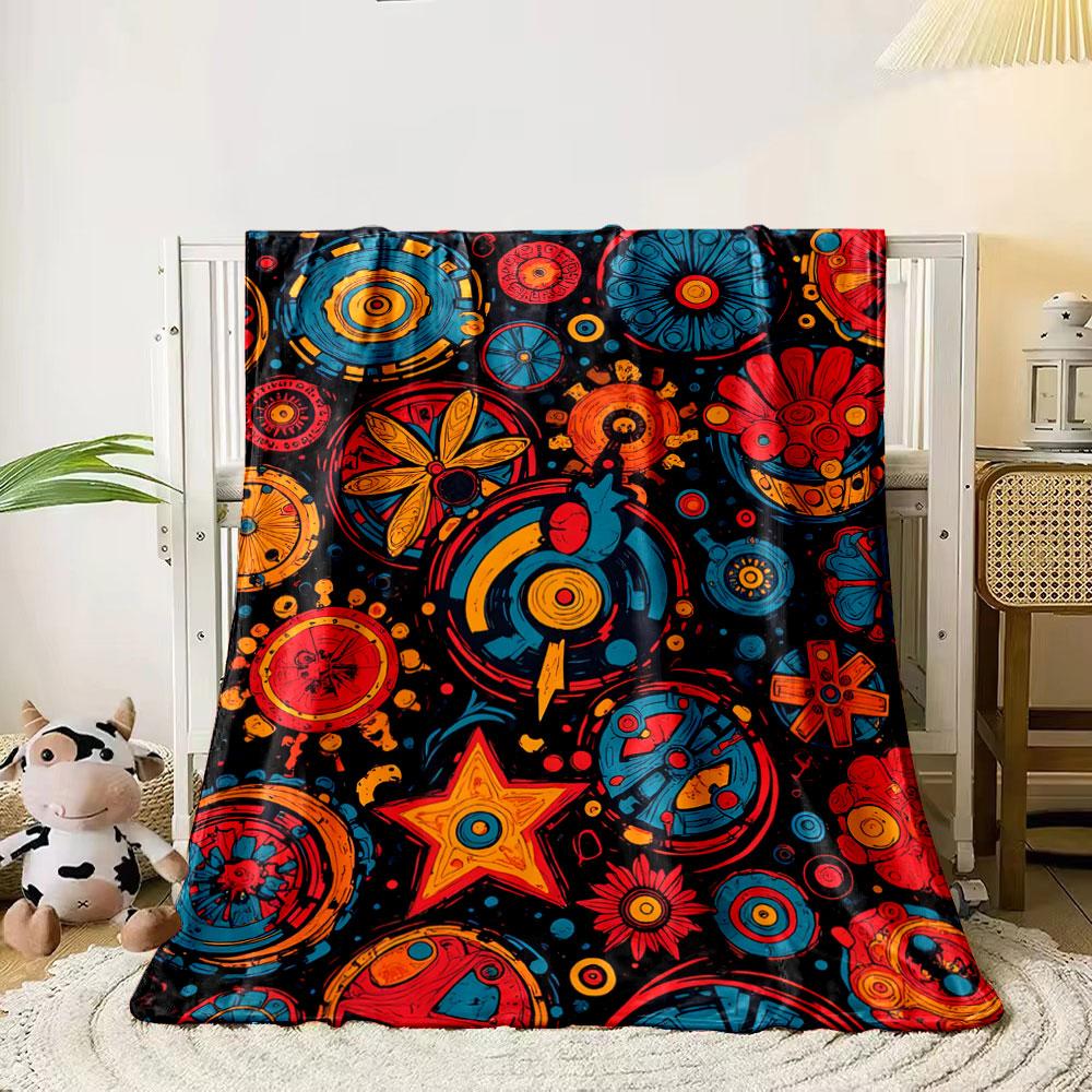 

Bright circular and star-like abstract shapes in red, blue, and yellow tones. for all seasons blanket lunch break throw gift 80cm x 120cm