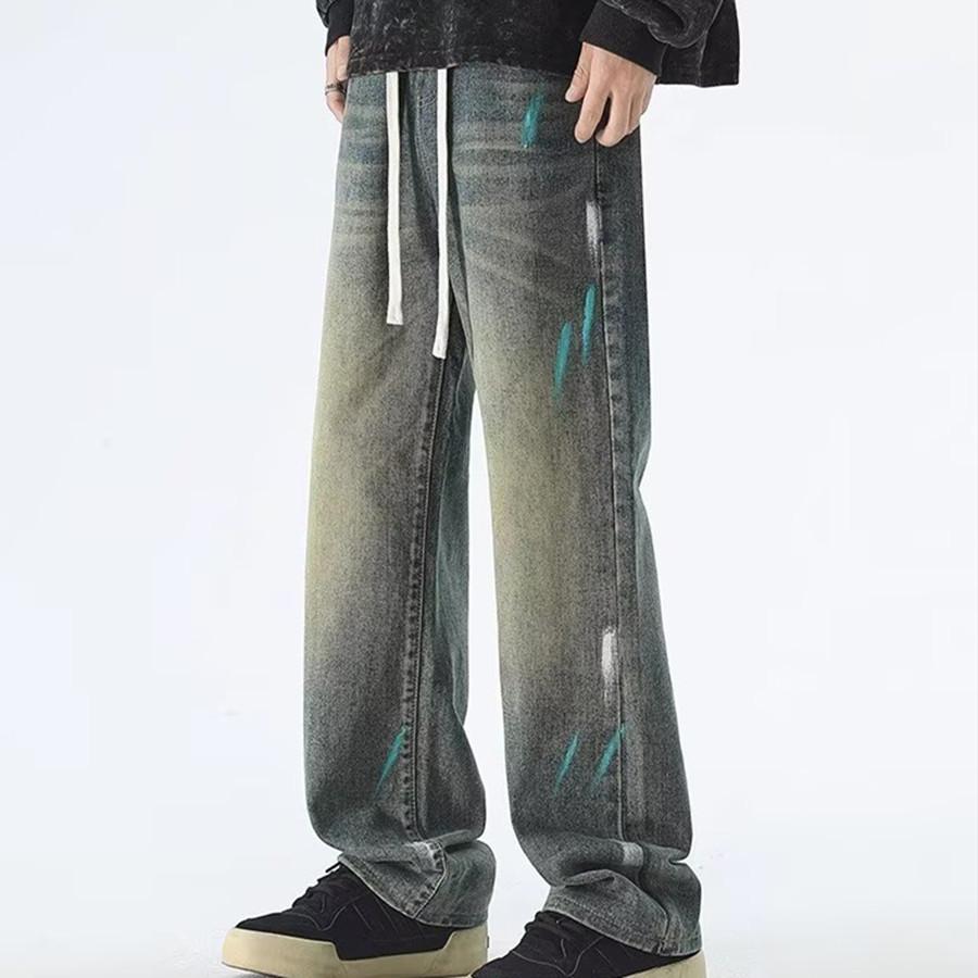 American High Street Tie-dye Ink-splashing Wide-leg Jeans Men's Trendy Brand Washed Autumn Old Style Straight Trousers