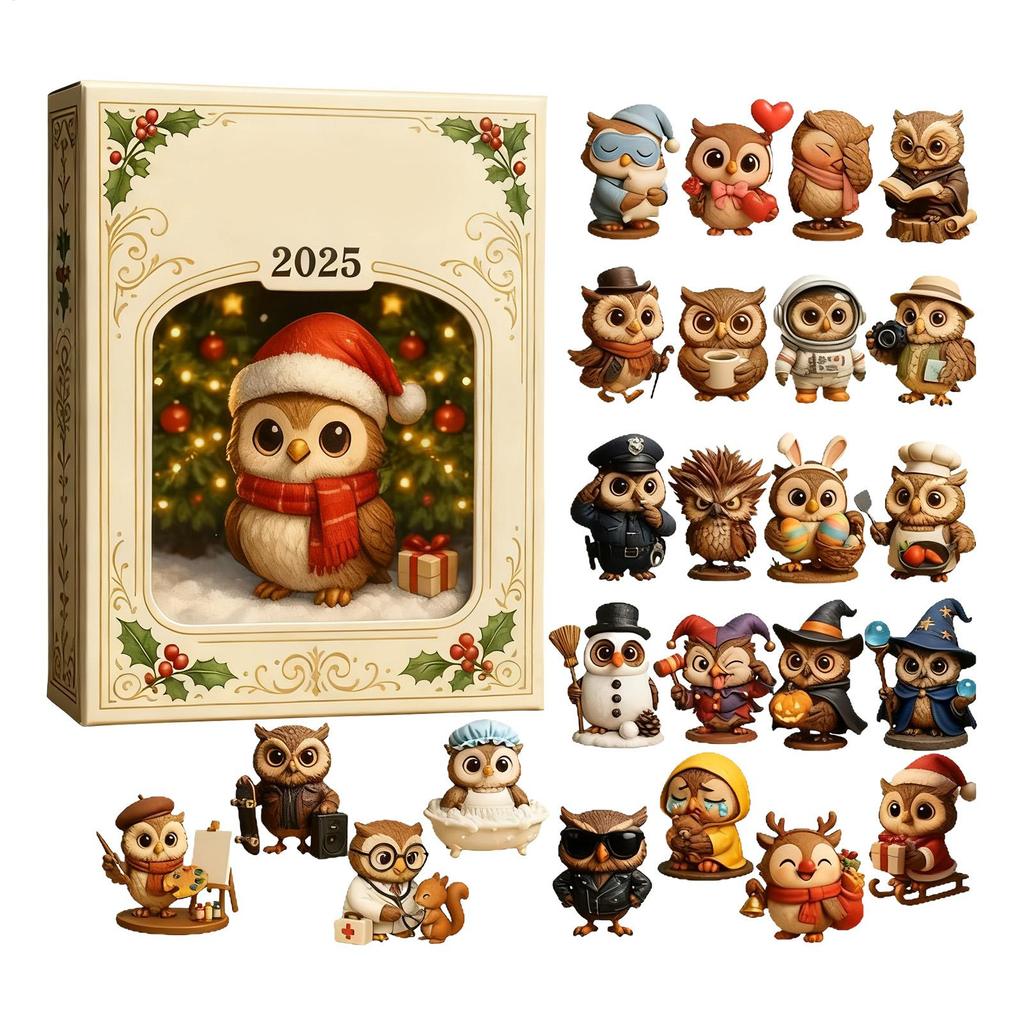 2025 Christmas Countdown Calendar 2D Acrylic Owl Ornament 24 Days Countdown Calendar for Xmas Navidad Party Supplies