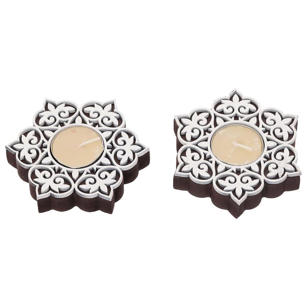 Set of 2 White Brown Wooden Floral Printing Block Decorative Tea Light Candle Holders, Diya Stands - Tea Light Holders - Christmas Diwali Decoration