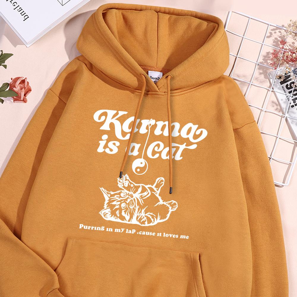 Karma Is A Cat White Sketch Printed Hoodie Female Basics Simple Sweatshirts Leisure Loose Sportwear Street Oversized Clothing