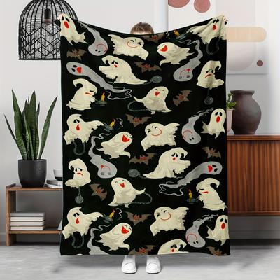 1pc Humorous Ghost Theme Pattern Blanket Polyester Fabric Machine Washable Suitable for Bedroom Living Room Decoration