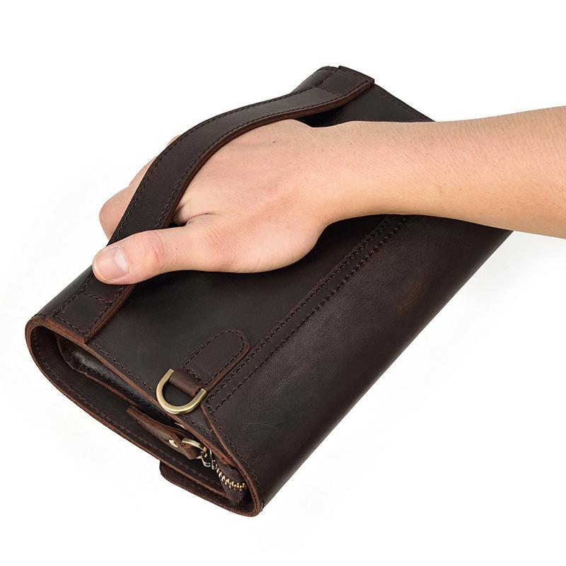 Men's Handheld Bag, Crazy Horse Leather Retro Handheld, Baotou Layer, Leather Envelope Clip Bag, Large Capacity Business Leather Wallet