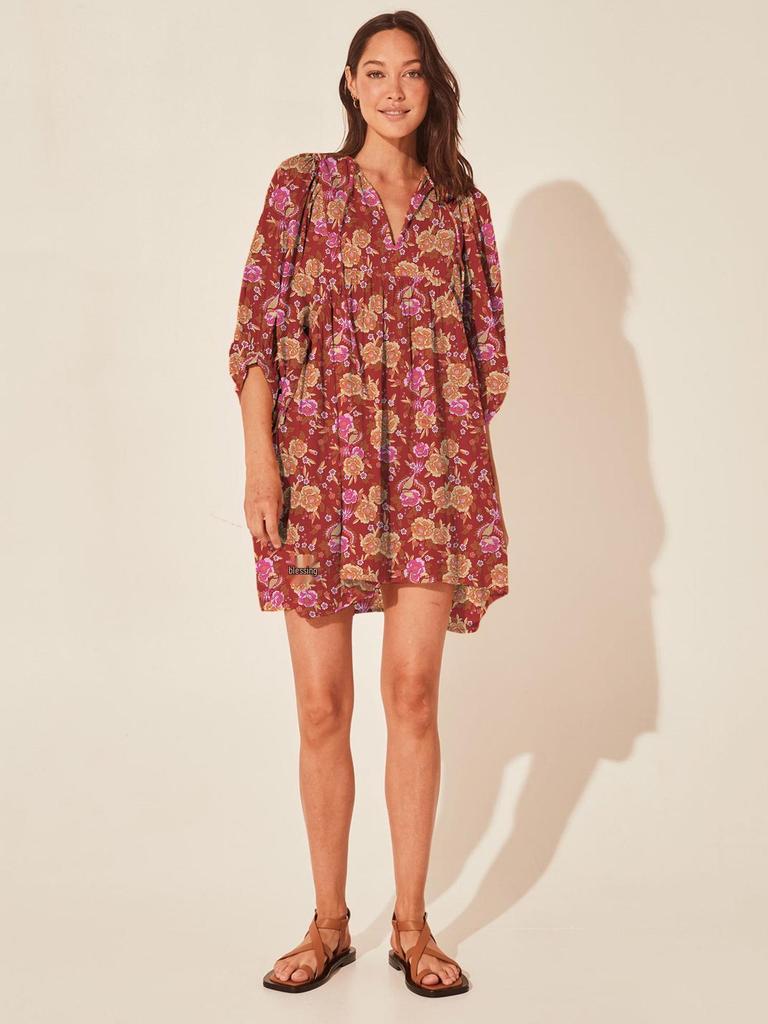 Women's Floral Tie-Back Casual Cotton Dress - Short Sleeve & Loose Fit for Beach Holidays