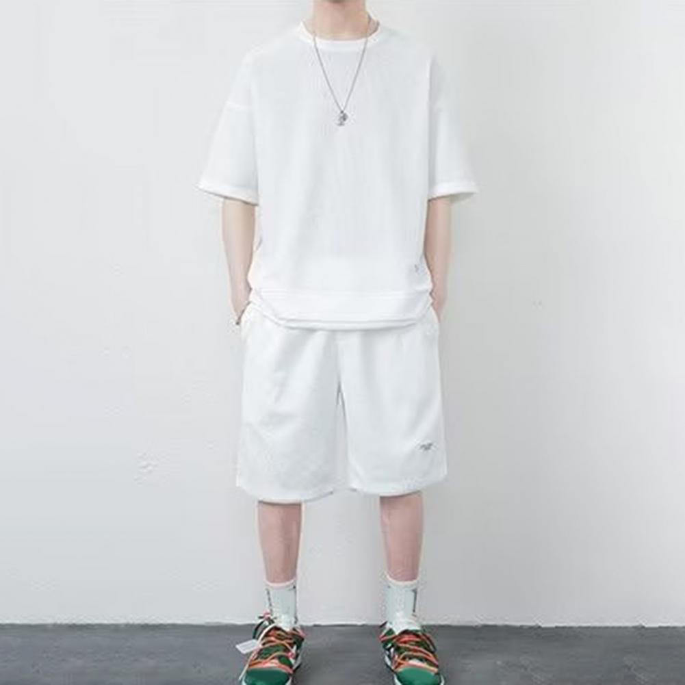 2-teiliges/Set Herren Sommer Sportanzug O-Ausschnitt Kurzarm T-Shirt Elastische Taille Verstellbarer Kordelzug Weitbein-Shorts Set Waffeltextur