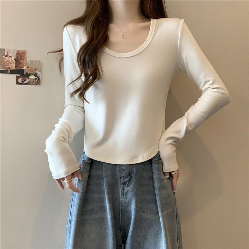 Wind Real Shot U-neck Long-sleeved T-shirt Women's Autumn and Winter German Velvet Velvet Thickened Inner with Short Warm Solid Color Shirt