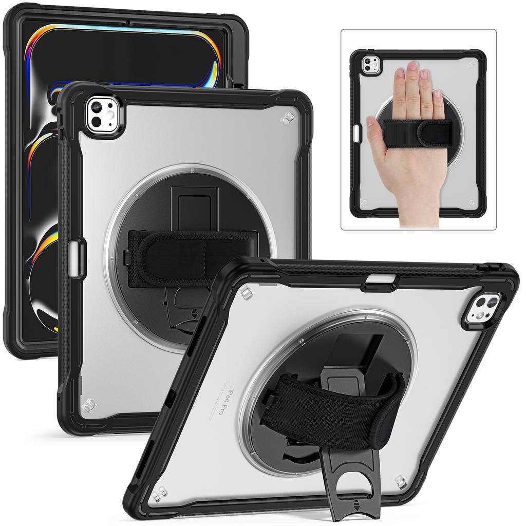 Kickstand Tablet Cases for iPad Pro 13 2024 Kids Friendly Pencil Holder Hand Strap Adjustable Shoulder Strap 360 Rotating Covers