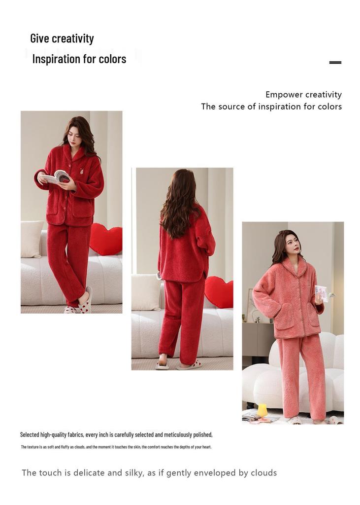 Women's Coral Fleece Pajamas, Plus Velvet, Thick, Large Size, Warm Winter Flannel Home Set for Middle-Aged and Elderly