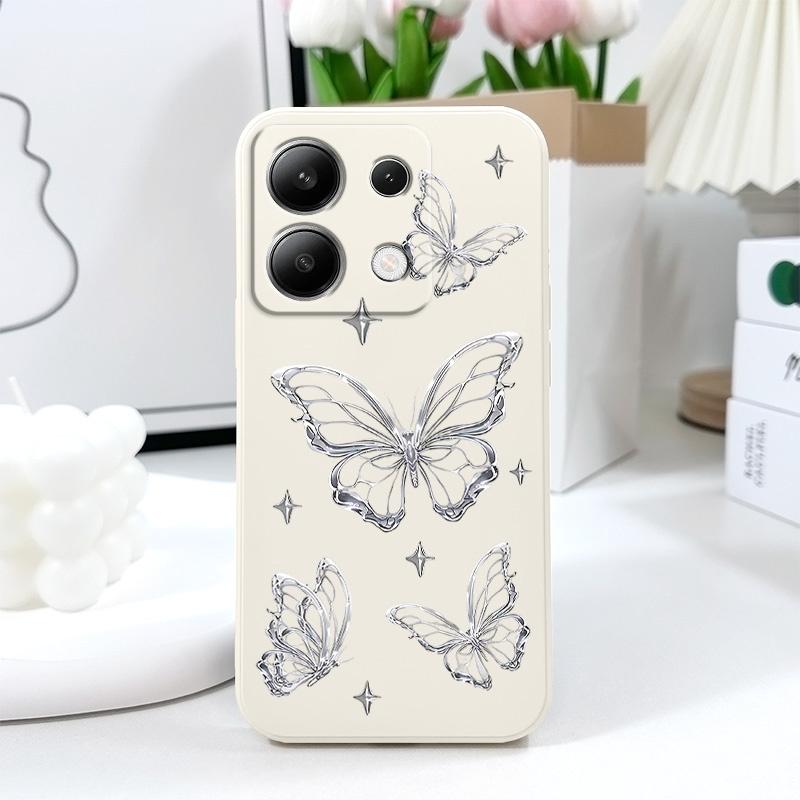 Silver Butterfly Phone Case For Xiaomi Redmi Note 14 13 12 12S 11 11S 10 10S 9 9S Pro Plus 4G 5G Liquid Silicone Cover