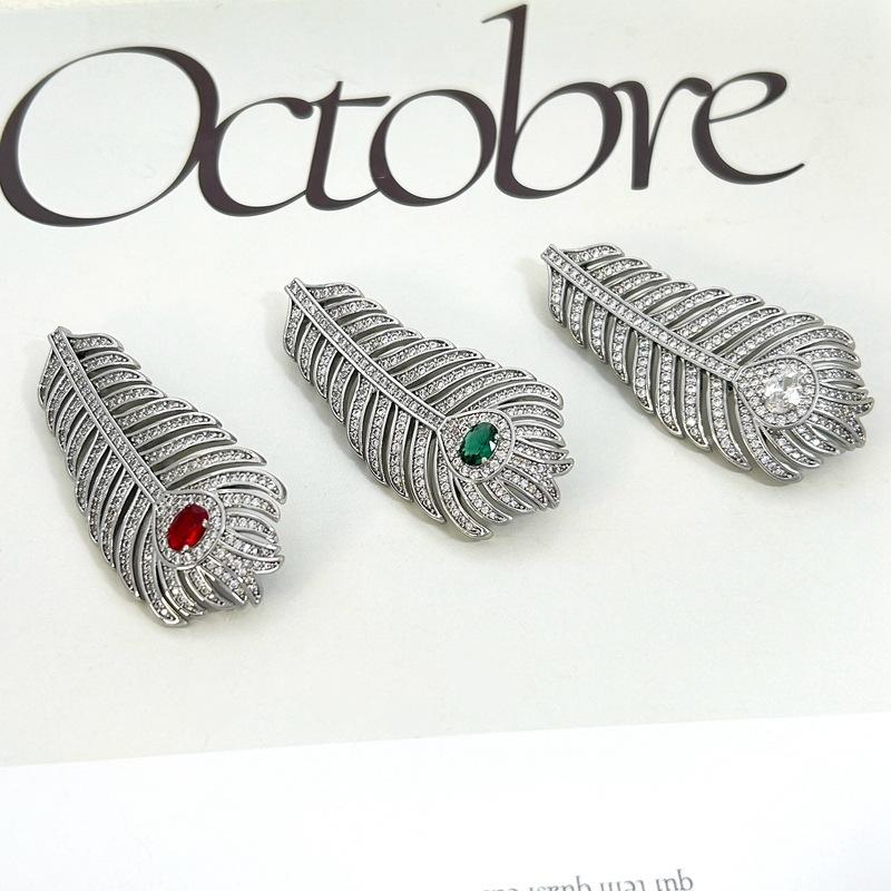 Manufacturer'S Supply Spring Retro Exquisite Feather Styling Brooch Slightly Inlaid With Zircon Exaggerated Earrings In Stock