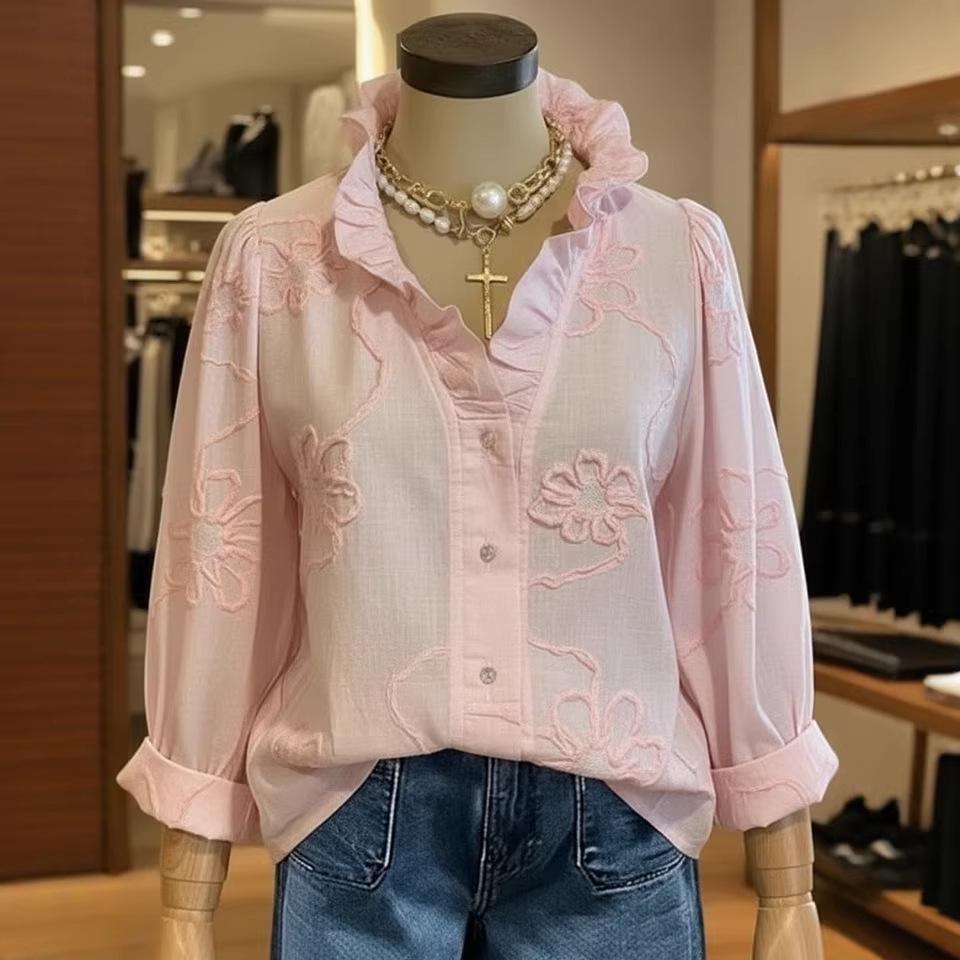 2026 Spring/Summer Lace Embroidery Cotton Linen Sweet Shirt