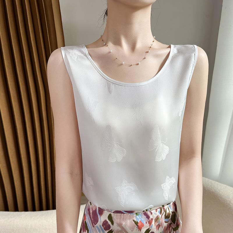 Acetate Satin Round Neck Printed Vest for Women In Summer Simple Smooth and Versatile Sleeveless Suspender Soft and Comfortable Top
