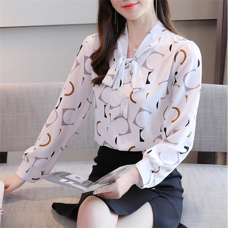 M-4XL Women Spring Summer Style Chiffon Blouses Shirts Lady Casual Long Sleeves Bow Tie Collar Printed Blouses Tops