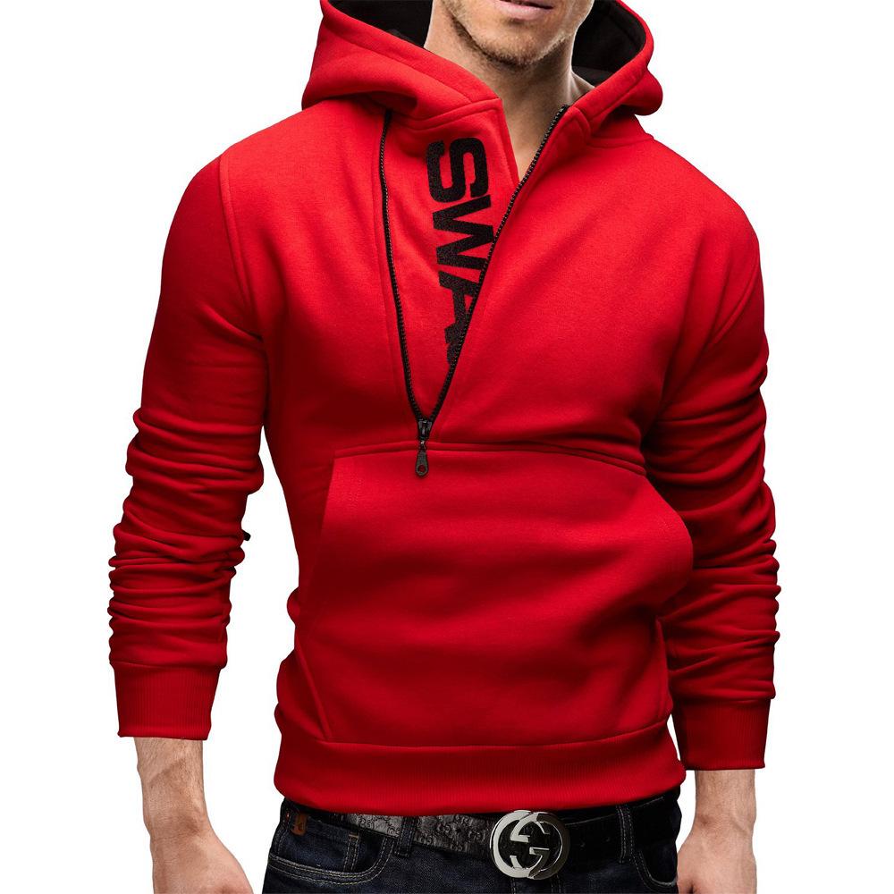 2024 Men's Black Color Block Pullover Hoodie with Side Zipper