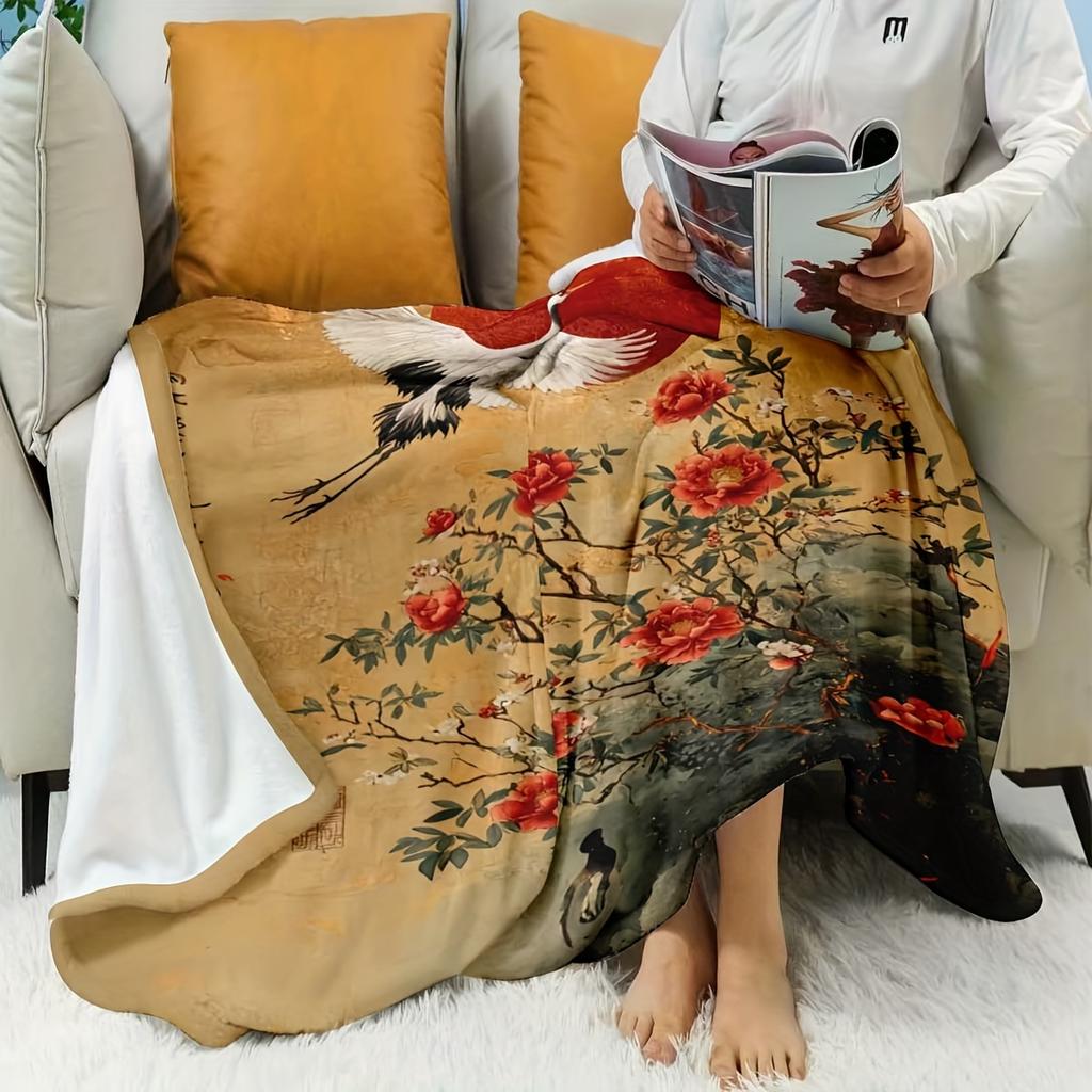 Retro Crane Pattern at Sunset Flannel printed blanket suitable for all seasons suitable for living room office sofa and travel