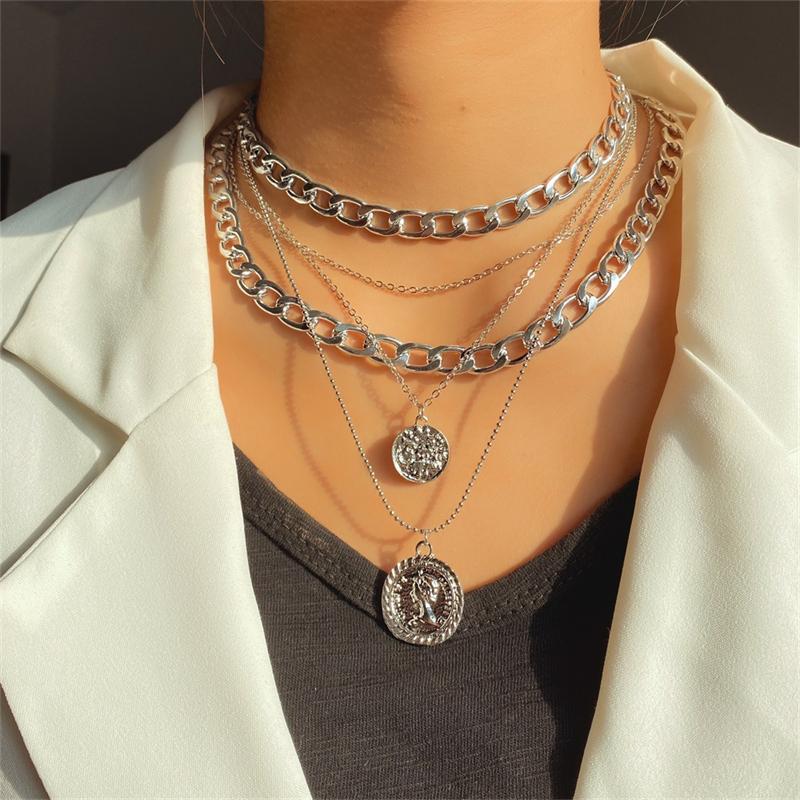 

Vintage Gold Color Thick Chain Multi-layer Necklace for Women Men Punk Figure Circular Pendant Necklaces Hip Hop Party Jewelry