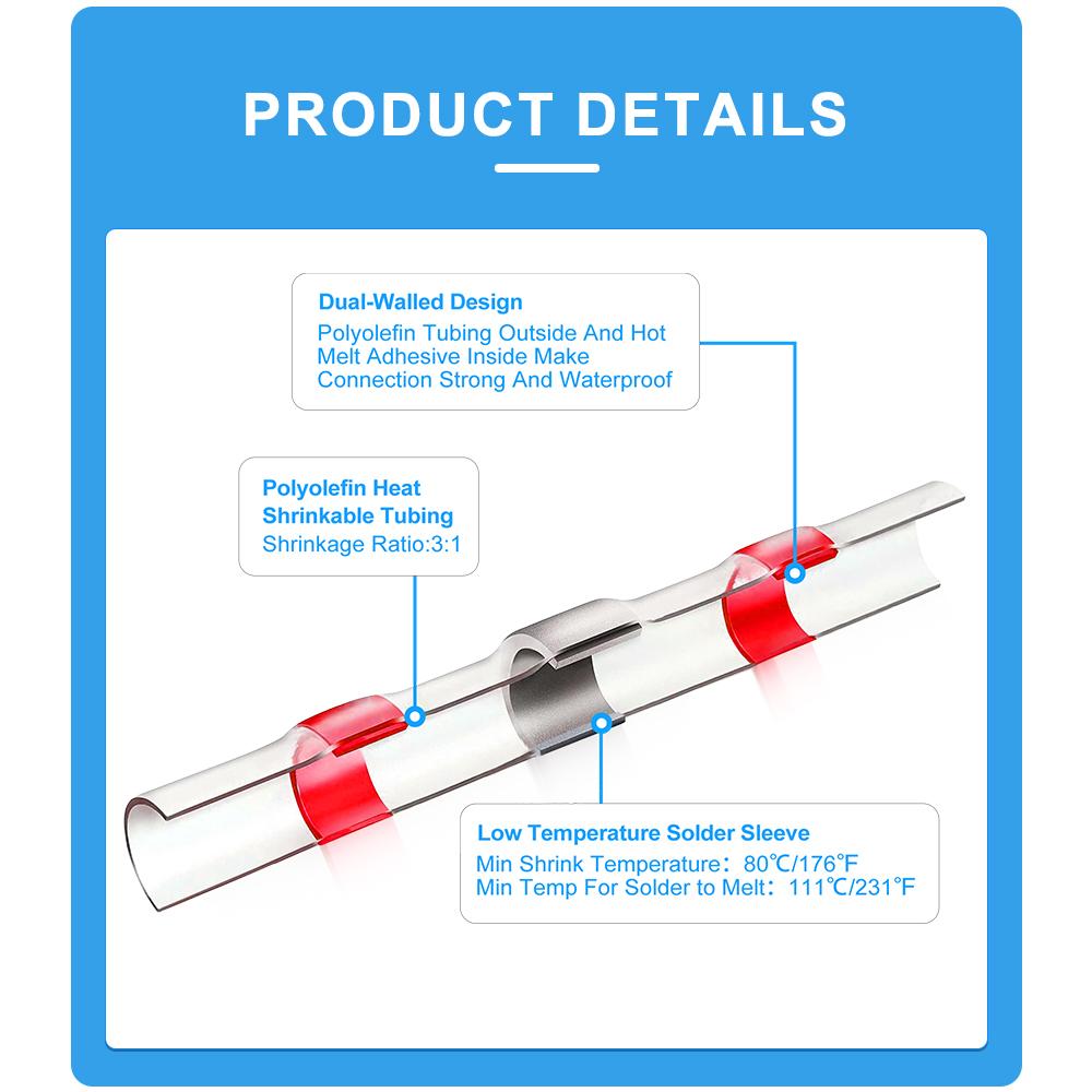 100/120 PCS Solder Seal Wire Connectors Heat Shrink Butt Connectors, Waterproof Insulated Electrical Wire Terminals