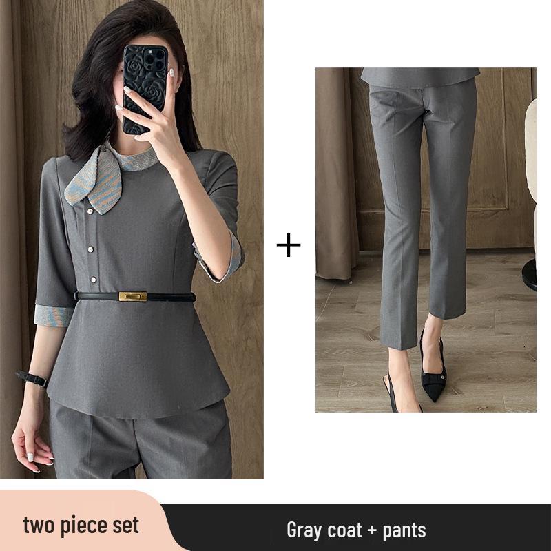 Women's Summer Seven-Sleeve Waist-Cinching Professional Suit for Jewelry Stores, Salons, and Hotel Receptionists