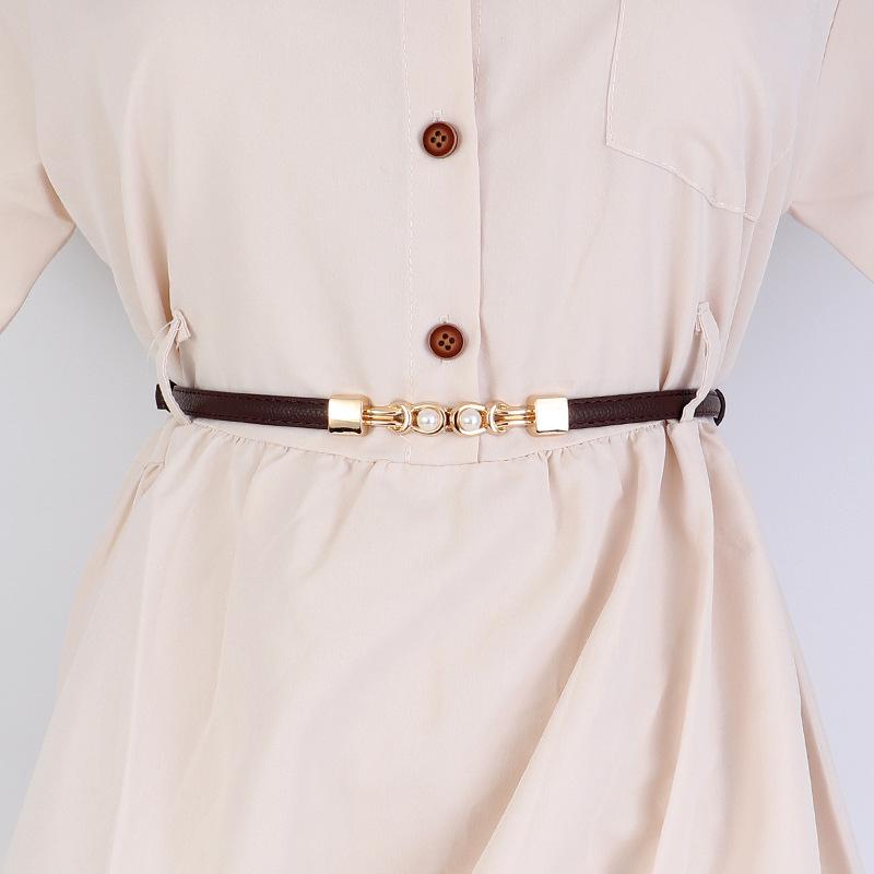 Women's Leather Decorative Buckle Pull-Through Waistband Belt for Skirts and Suits - Punch-Free Design.