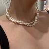 French Vintage Double Layer Pearl Necklace, Twisted Stackable Unique Clavicle Chain