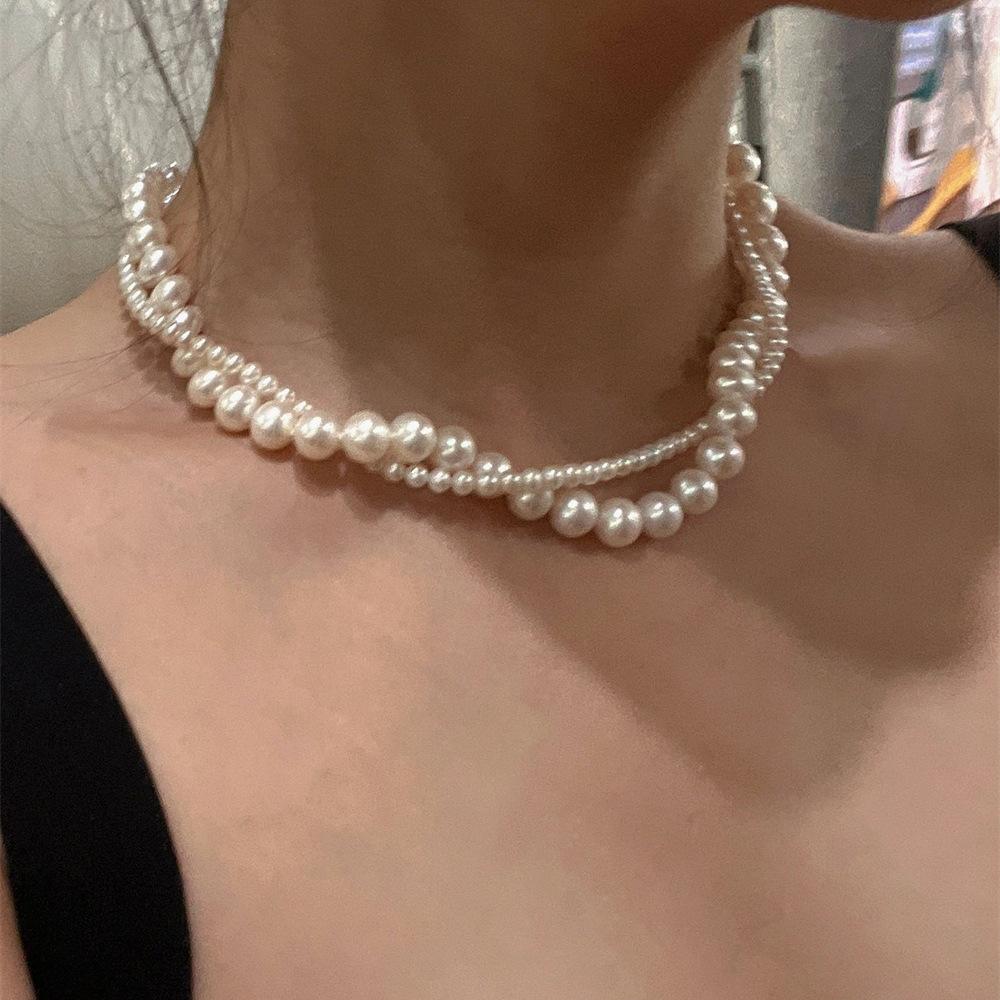 French Vintage Double Layer Pearl Necklace, Twisted Stackable Unique Clavicle Chain
